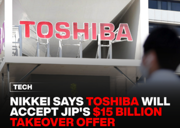 Nikkei says Toshiba will accept JIP's $15 billion takeover offer. 9 Nikkei says Toshiba will accept JIP's $15 billion takeover offer
