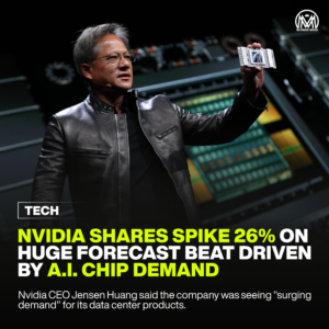 Nvidia shares spike 26% on huge forecast beat driven by AI chip demand.