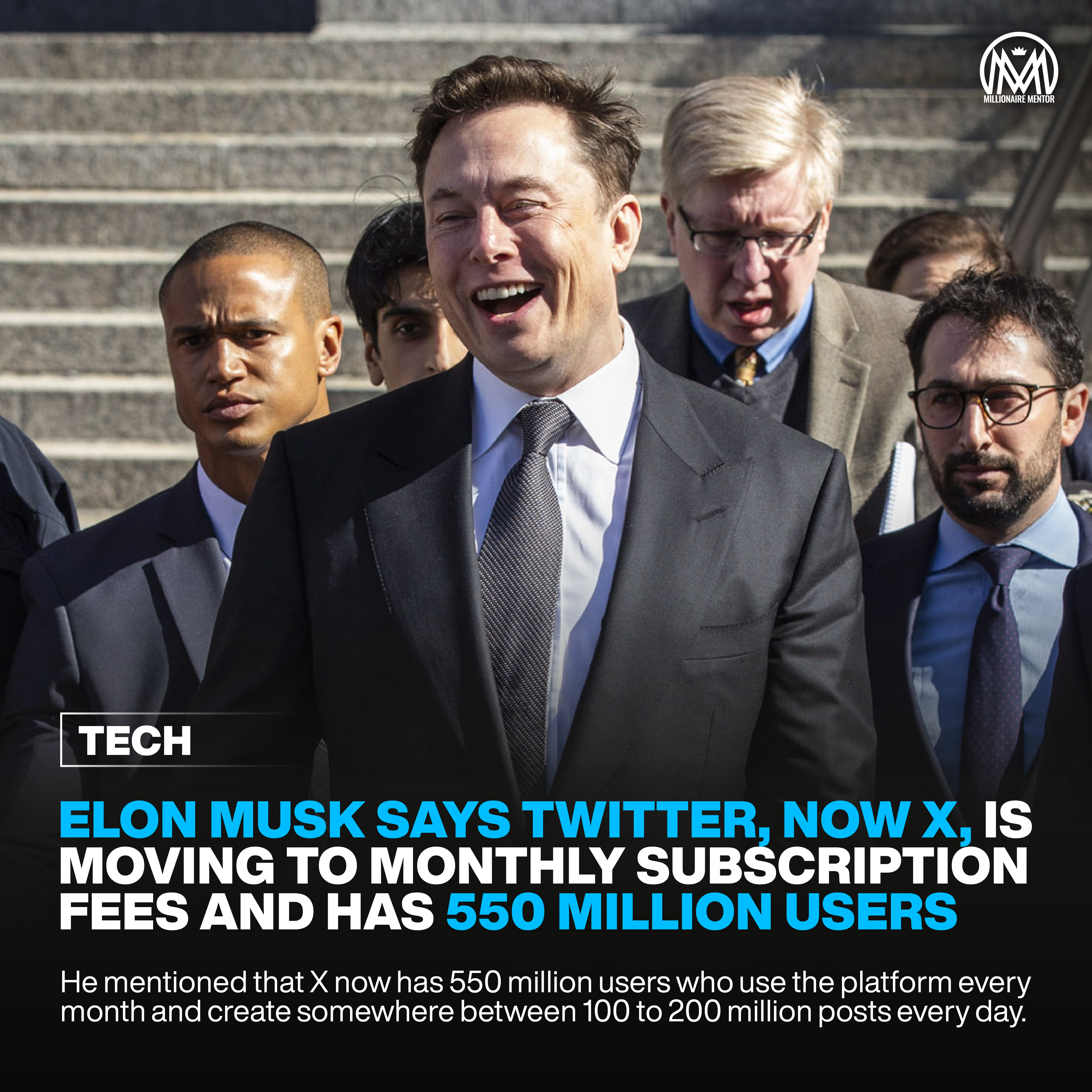 Elon Musk says Twitter, now X, is moving to monthly subscription fees and has 550 million users.