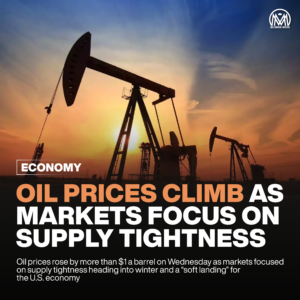 Oil prices climb as markets focus on supply tightness.